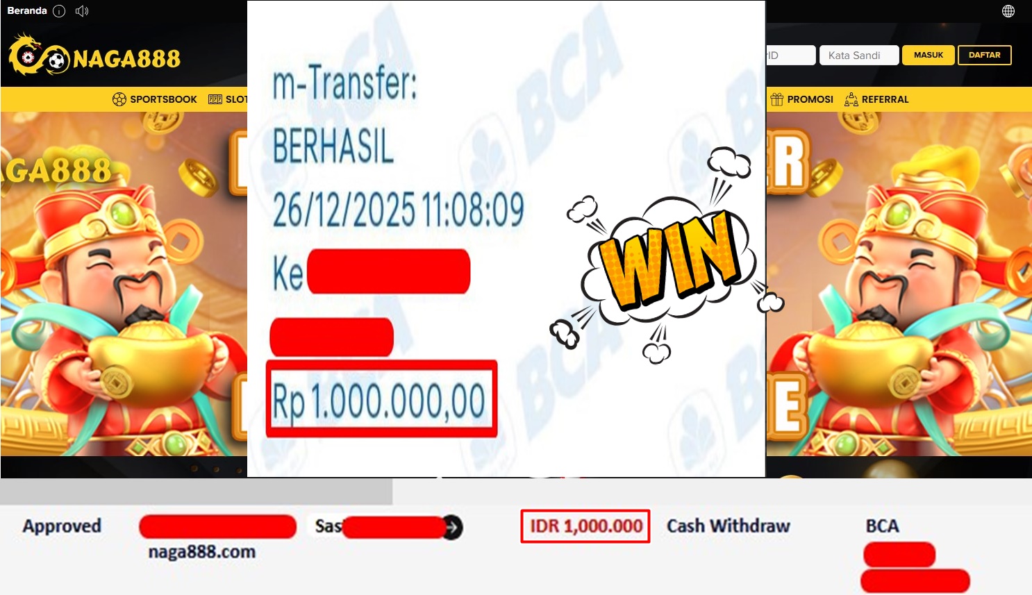Bukti Kemenangan Withdraw IDR 1,000,000,- | NAGA888