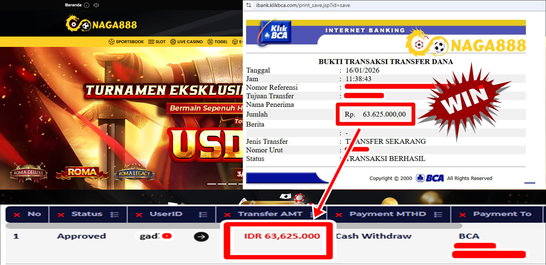 Bukti Kemenangan Withdraw IDR 63.625,000,- | NAGA888
