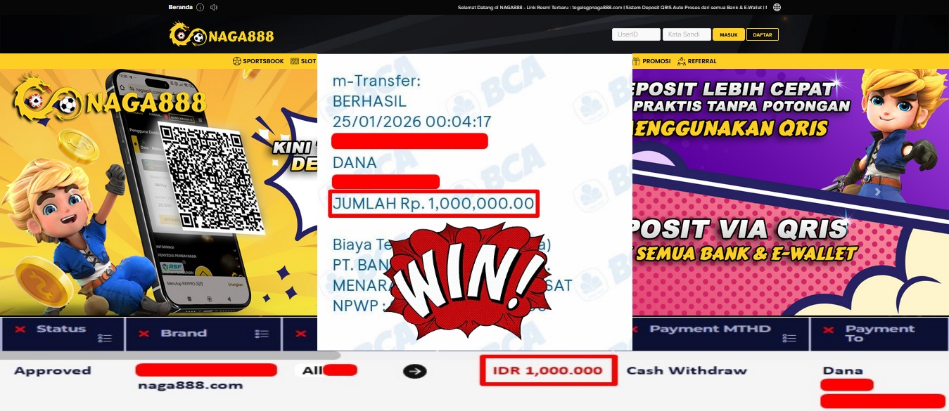 Bukti Kemenangan Withdraw IDR 1,000,000,- | NAGA888