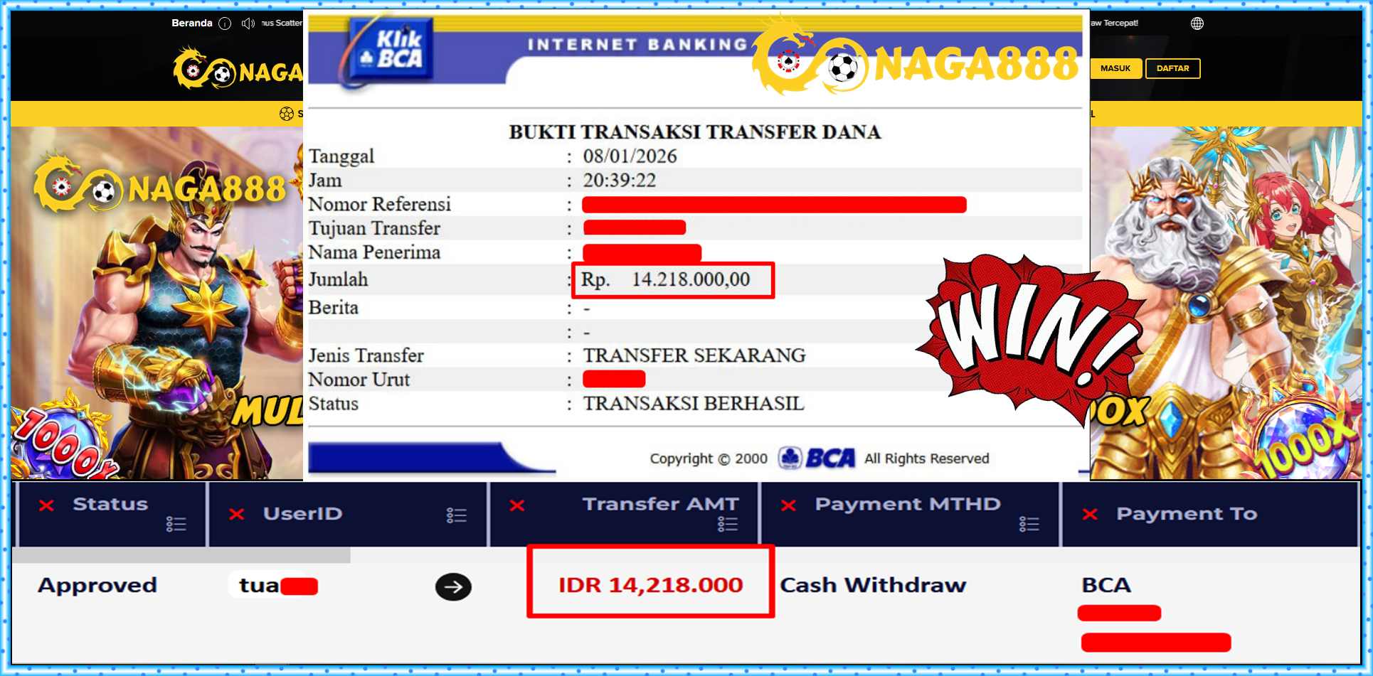 Bukti Kemenangan Withdraw IDR 14,218,000,- | NAGA888