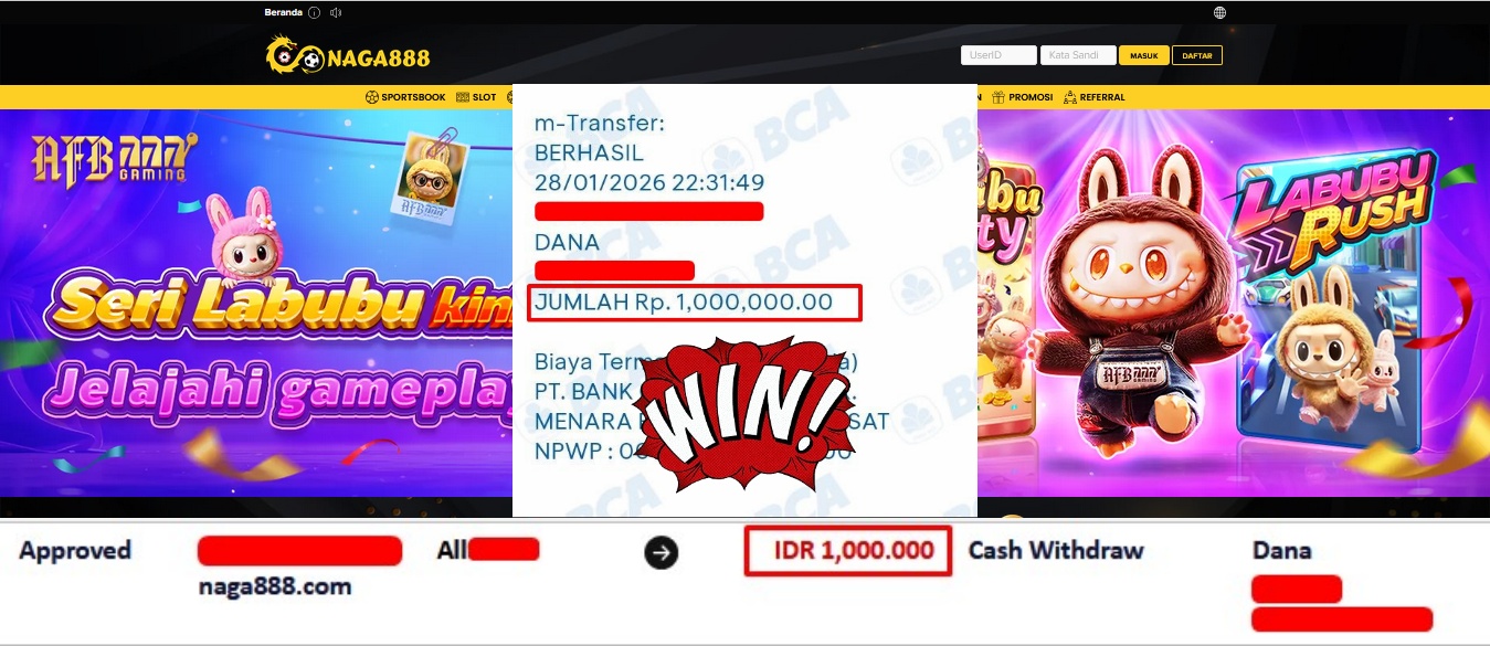 Bukti Kemenangan Withdraw IDR 1.000.000,- | NAGA888