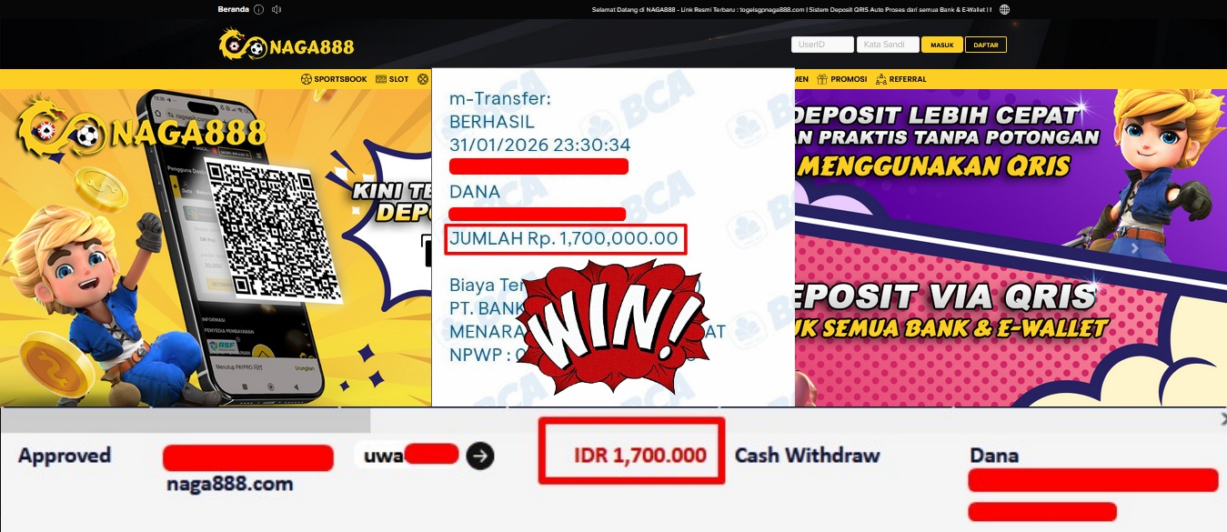 Bukti Kemenangan Withdraw IDR 1,700,000,- | NAGA888