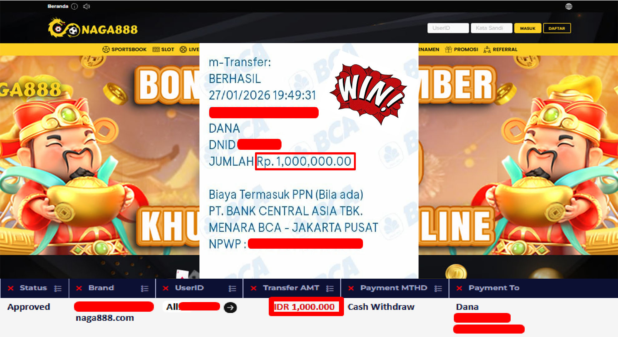 Bukti Kemenangan Withdraw IDR 1,000,000,- | NAGA888