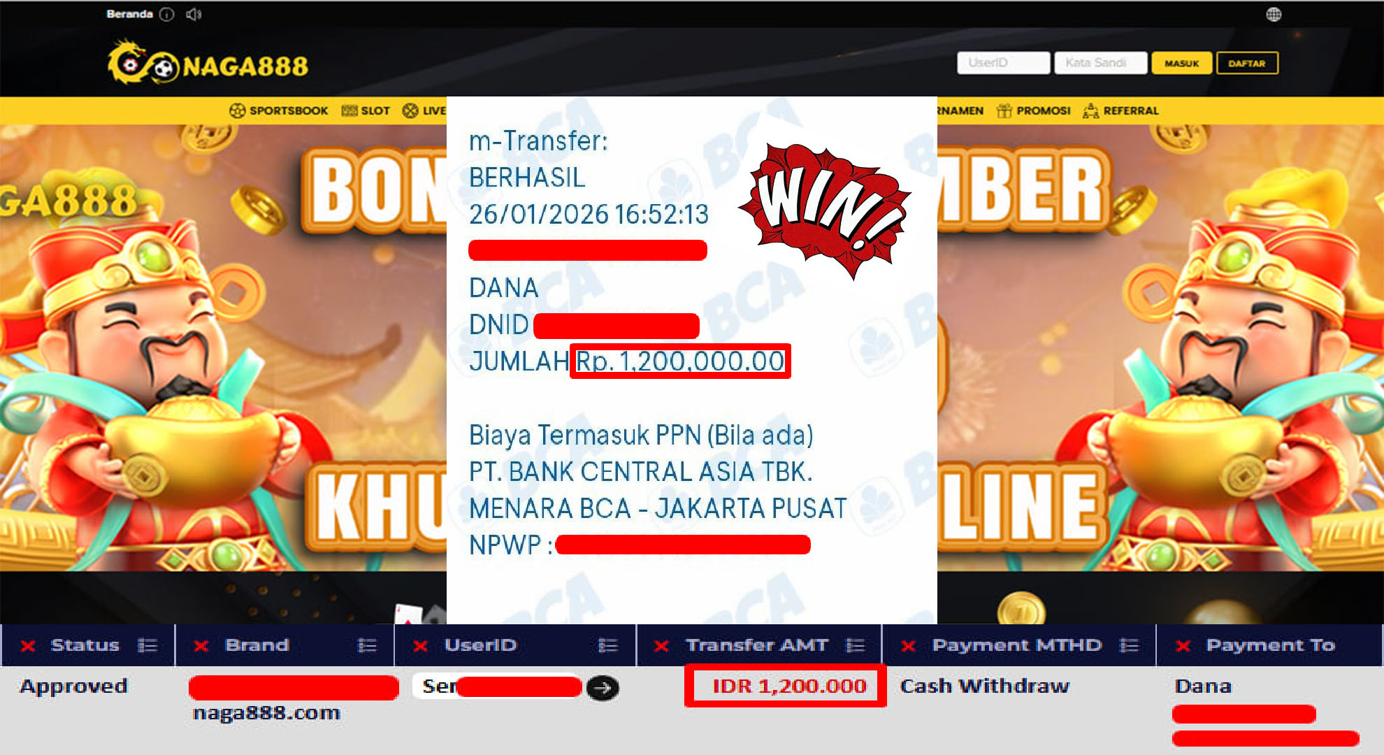 Bukti Kemenangan Withdraw IDR 1,200,000,- | NAGA888