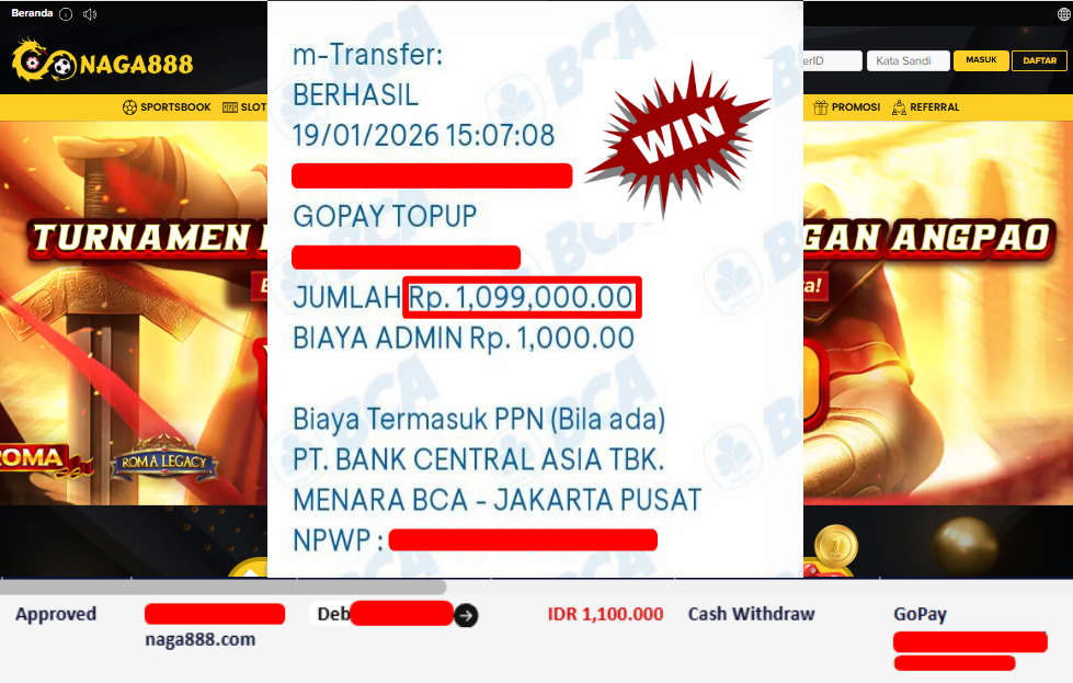 Bukti Kemenangan Withdraw IDR 1,100,000,- | NAGA888