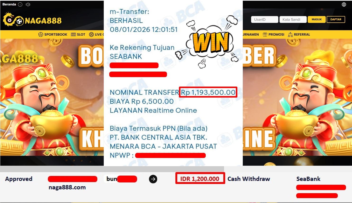 Bukti Kemenangan Withdraw IDR 1,200,000,- | NAGA888