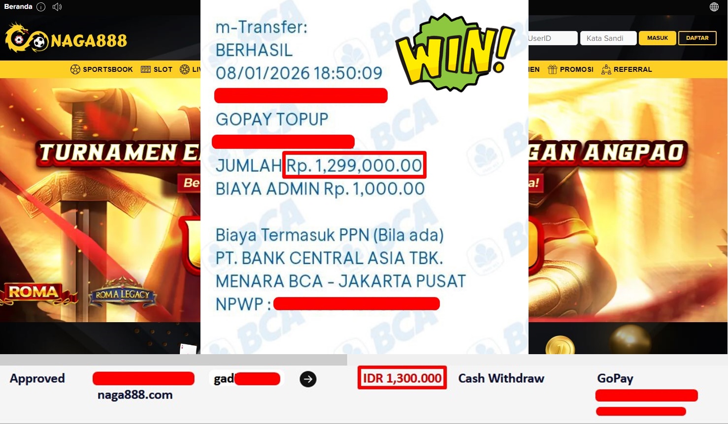 Bukti Kemenangan Withdraw IDR 1,300,000,- | NAGA888