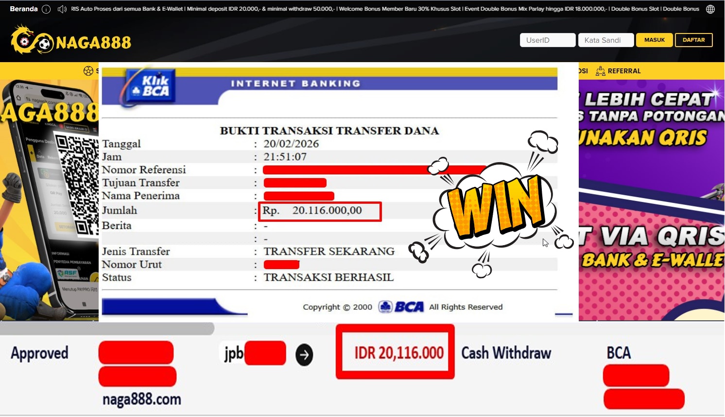 Bukti Kemenangan Withdraw IDR20,116,000,- | NAGA888