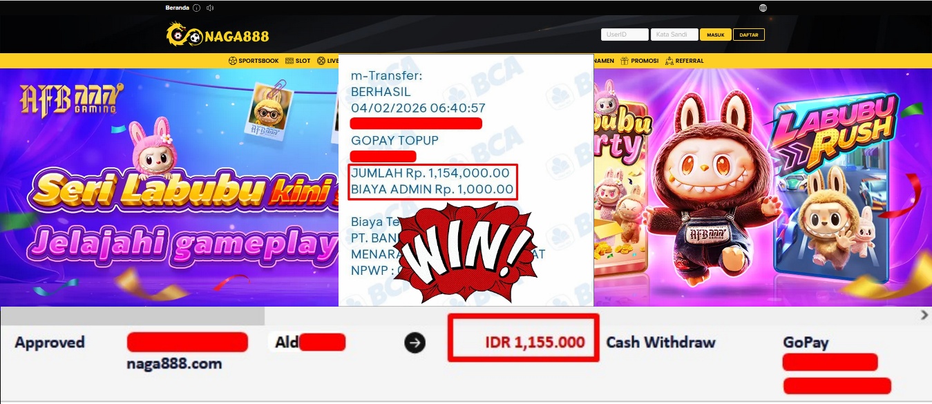Bukti Kemenangan Withdraw IDR 1,155,000,- | NAGA888