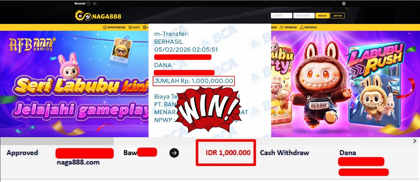 Bukti Kemenangan Withdraw IDR 1,000,000,- | NAGA888