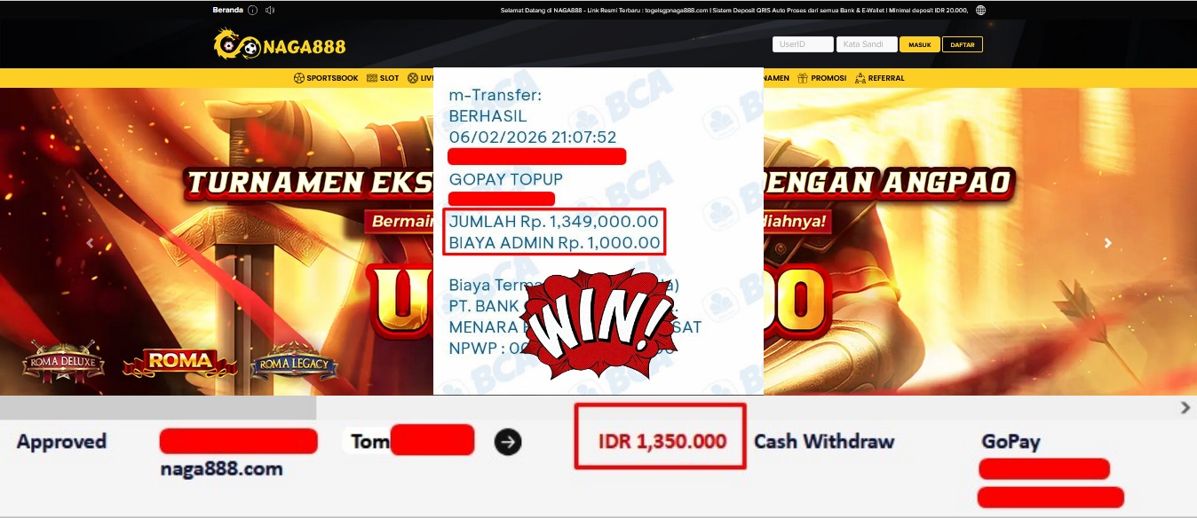 Bukti Kemenangan Withdraw IDR 1,350,000,- | NAGA888