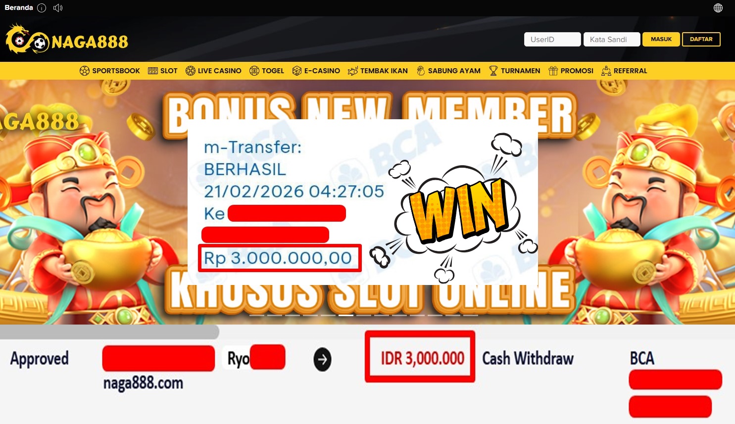 Bukti Kemenangan Withdraw IDR3,000,000,- | NAGA888