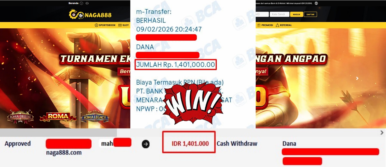 Bukti Kemenangan Withdraw IDR 1,401,000,- | NAGA888