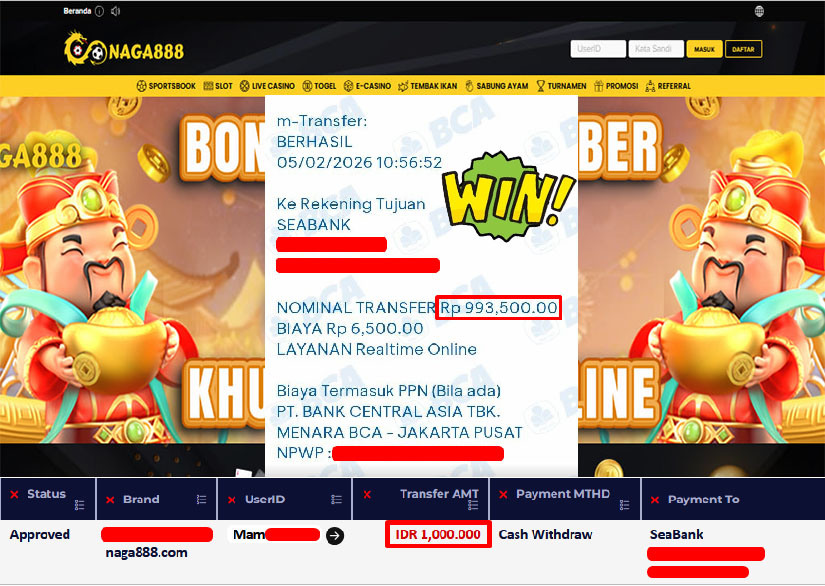 Bukti Kemenangan Withdraw IDR 1,000,000,- | NAGA888