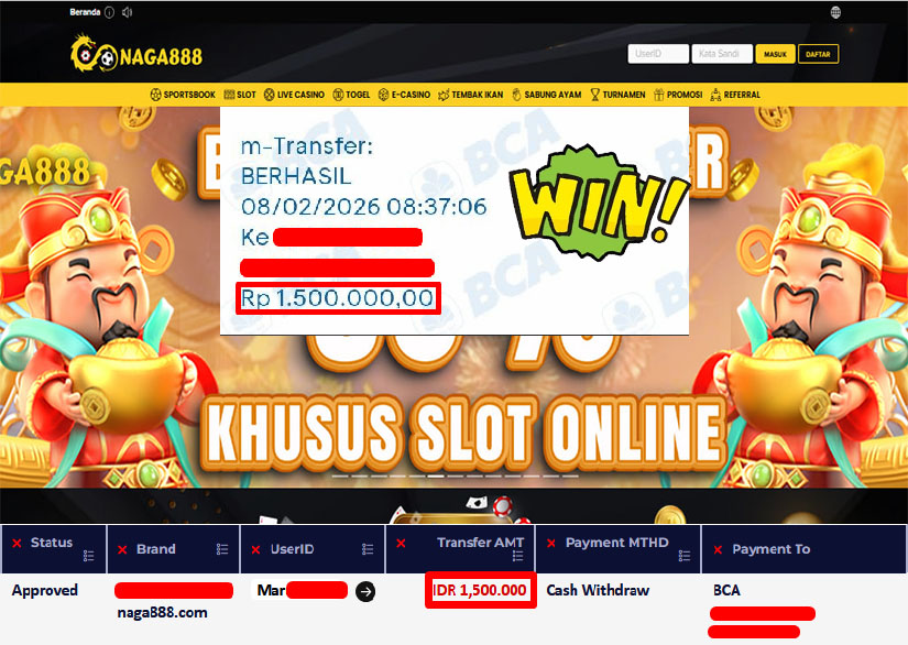 Bukti Kemenangan Withdraw IDR 1,500,000,- | NAGA888