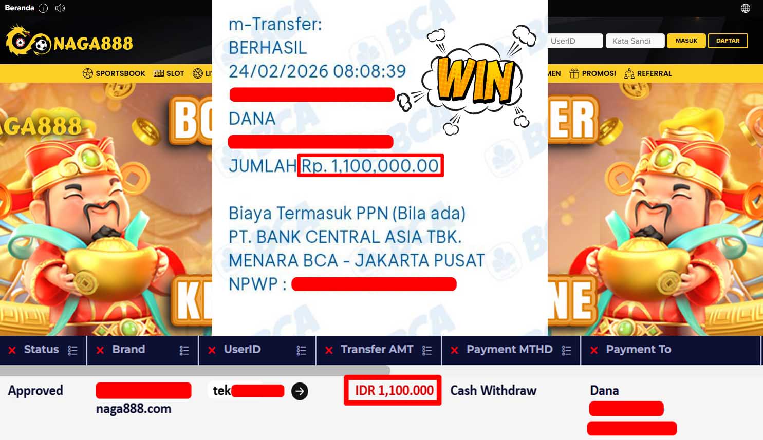Bukti Kemenangan Withdraw IDR1,100,000,- | NAGA888