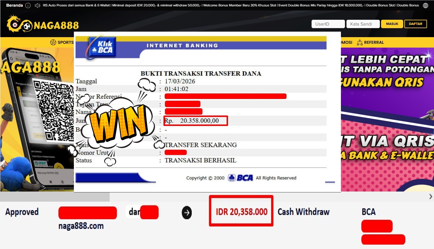 Bukti Kemenangan Withdraw IDR20,358,000,- | NAGA888