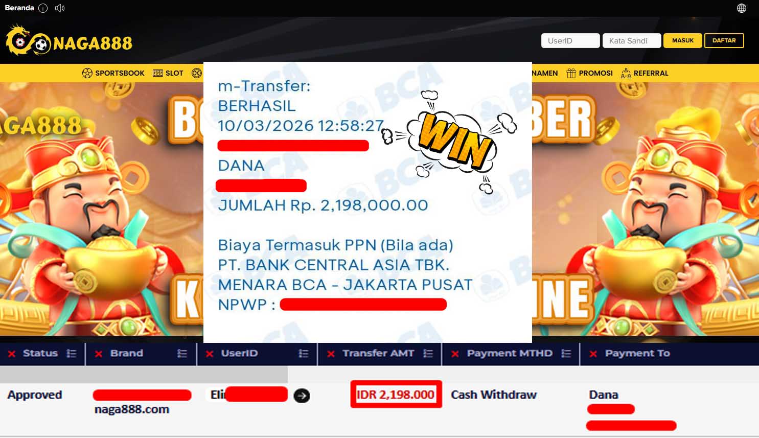 Bukti Kemenangan Withdraw IDR2,198,000,- | NAGA888