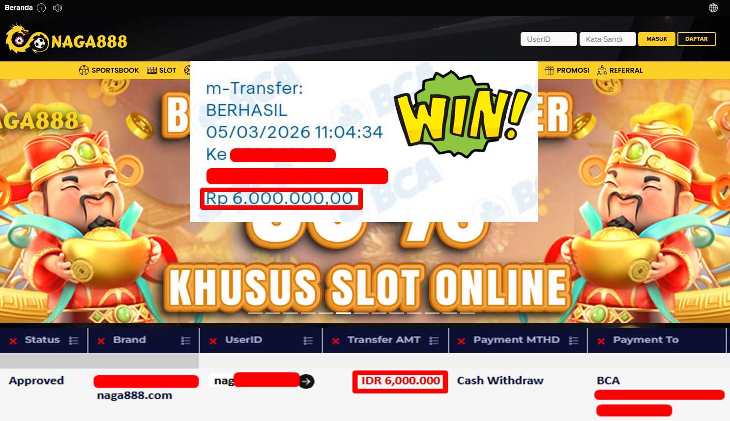 Bukti Kemenangan Withdraw IDR6,000,000,- | NAGA888