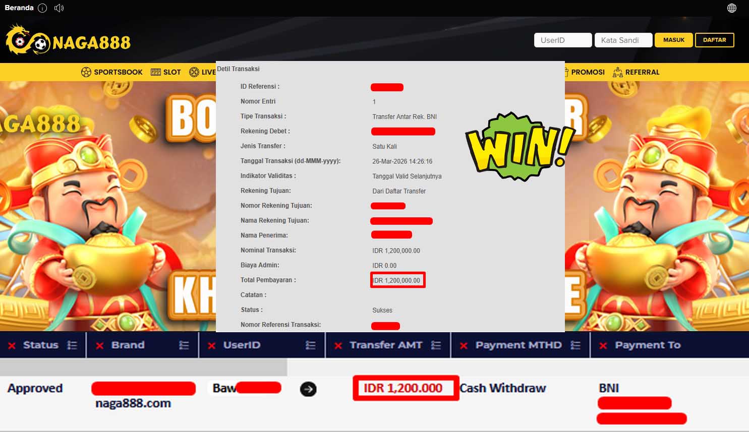 Bukti Kemenangan Withdraw IDR1,200,000,- | NAGA888