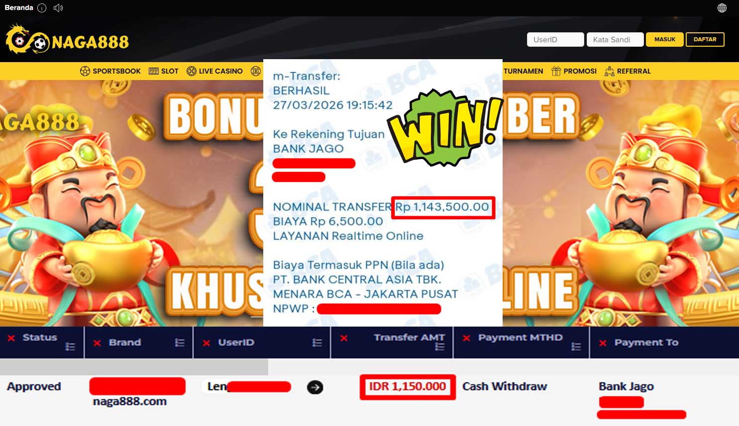 Bukti Kemenangan Withdraw IDR1,150,000,- | NAGA888