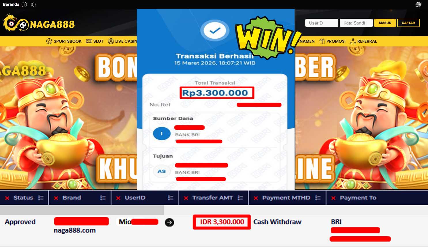Bukti Kemenangan Withdraw IDR3,300,000,- | NAGA888