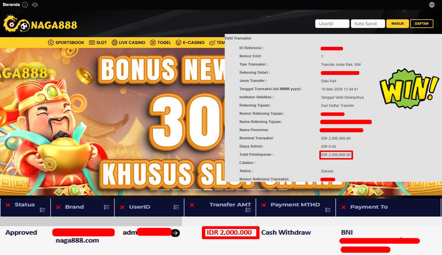Bukti Kemenangan Withdraw IDR2,000,000,- | NAGA888