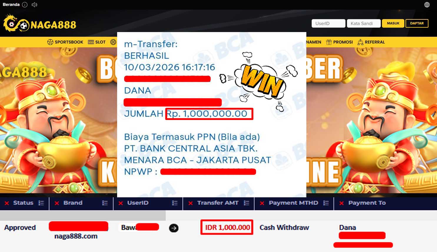 Bukti Kemenangan Withdraw IDR1,000,000,- | NAGA888