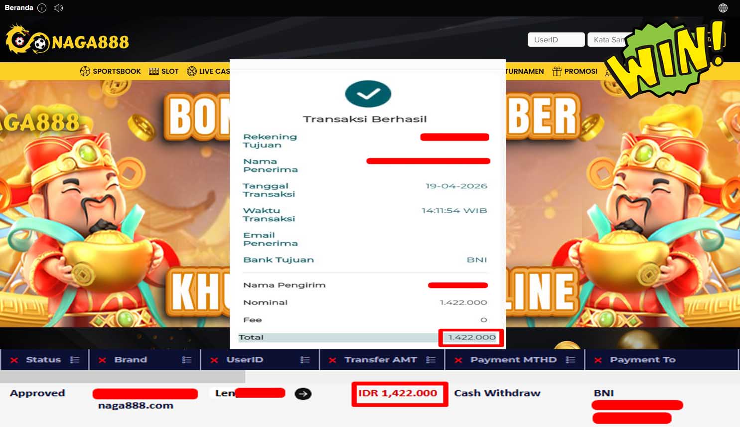 Bukti Kemenangan Withdraw IDR1,422,000- | NAGA888