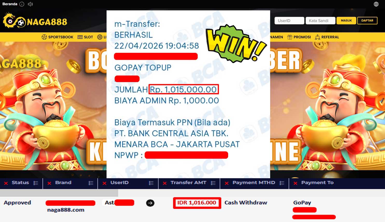 Bukti Kemenangan Withdraw IDR1,016,000- | NAGA888