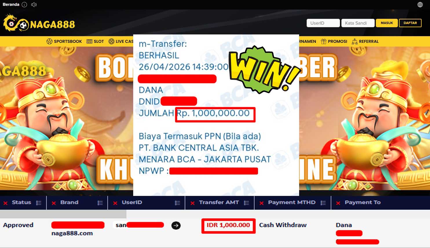 Bukti Kemenangan Withdraw IDR1,000,000- | NAGA888