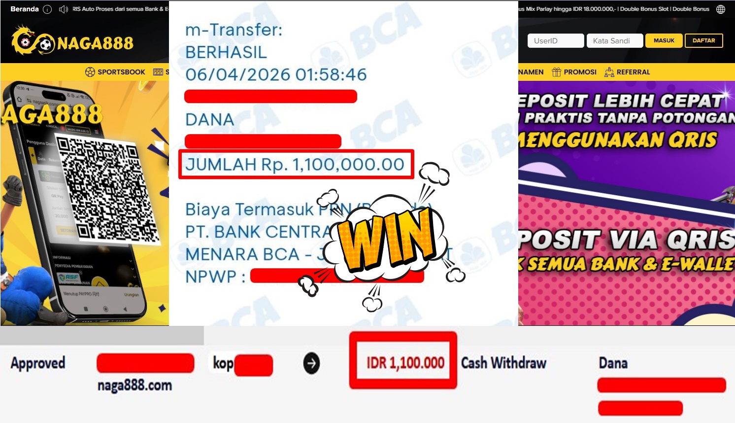 Bukti Kemenangan Withdraw IDR1,100,000,- | NAGA888
