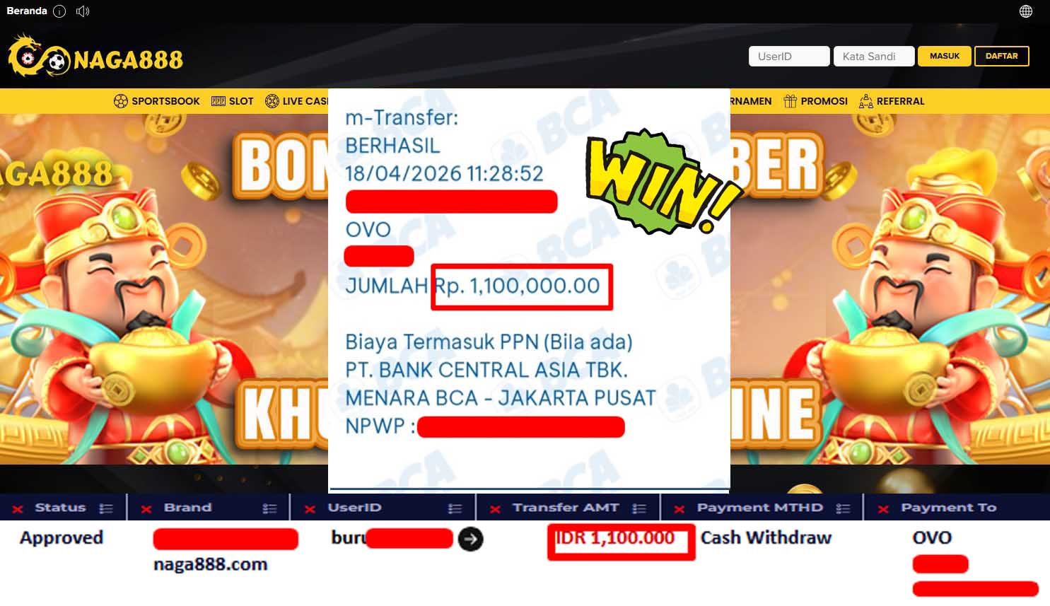Bukti Kemenangan Withdraw IDR1,100,000- | NAGA888