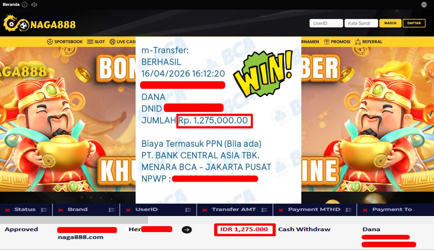 Bukti Kemenangan Withdraw IDR1,275,000,- | NAGA888