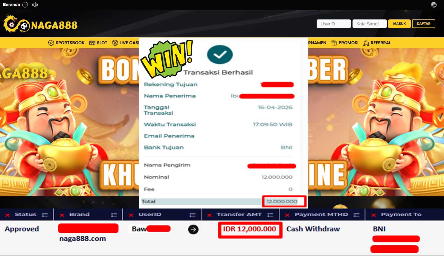 Bukti Kemenangan Withdraw IDR12,000,000- | NAGA888