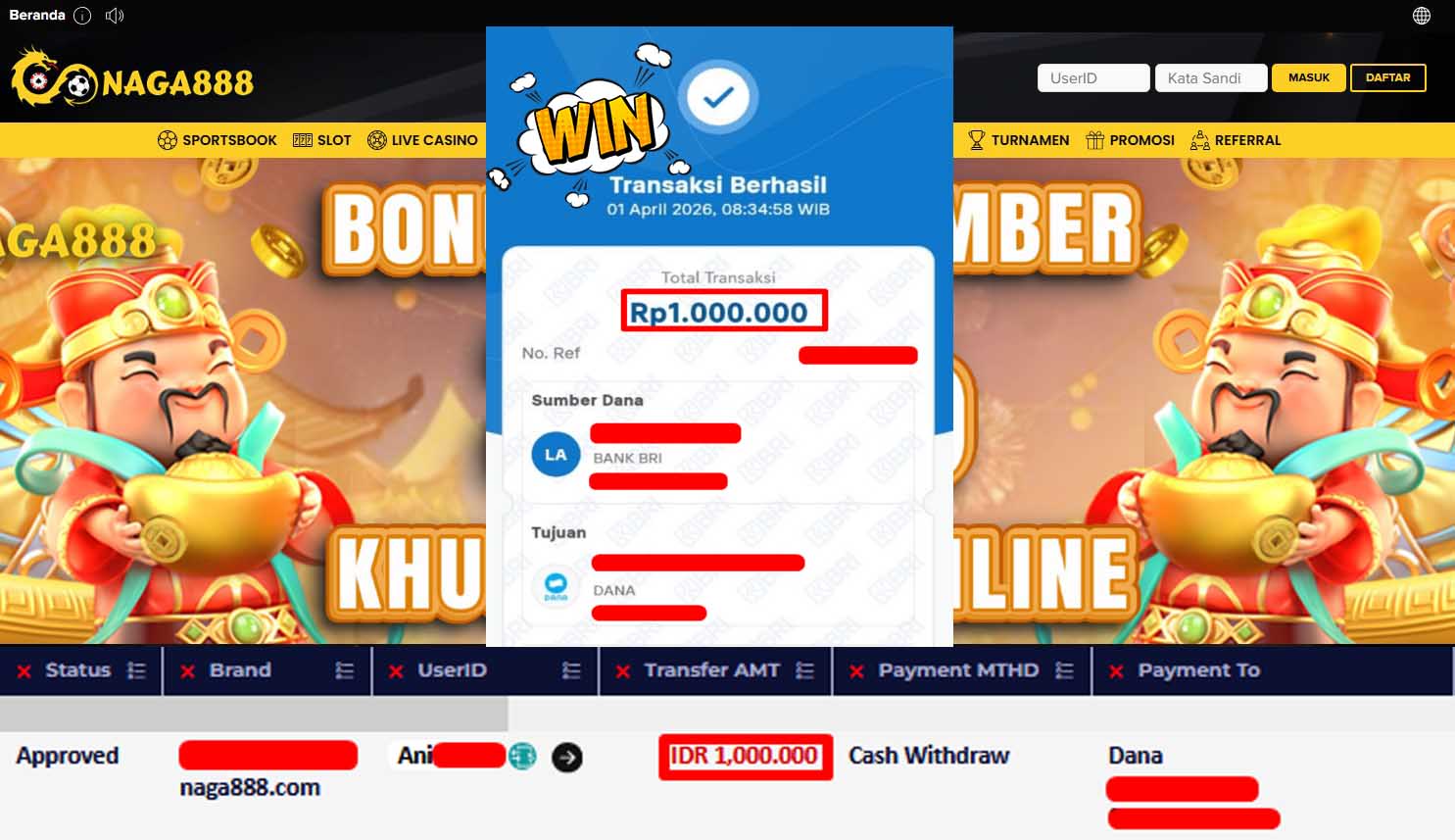Bukti Kemenangan Withdraw IDR1,000,000,- | NAGA888