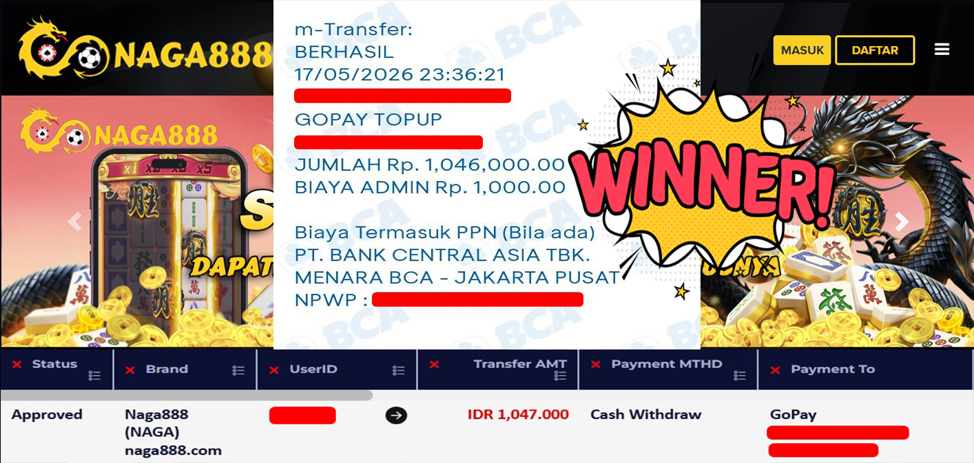 Bukti Kemenangan Withdraw IDR 1.047.000,- | NAGA888