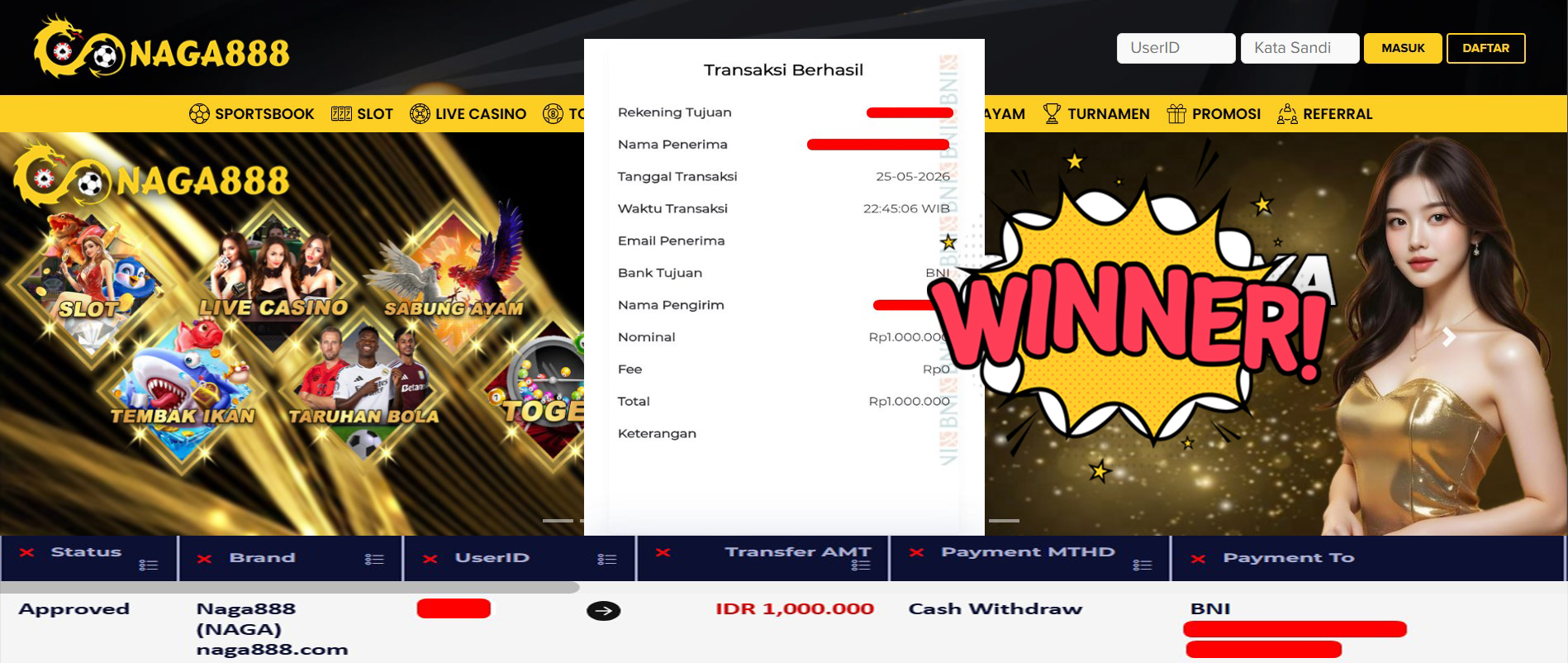 Bukti Kemenangan Withdraw IDR 1.000.000,- | NAGA888