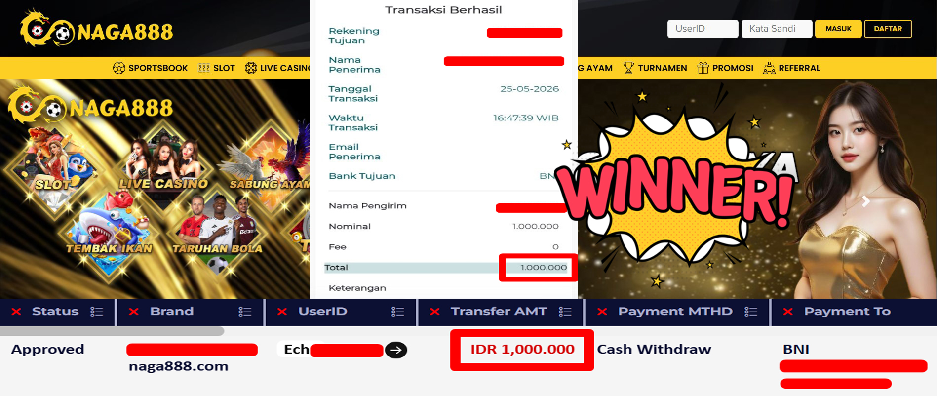 Bukti Kemenangan Withdraw IDR 1.000.000,- | NAGA888