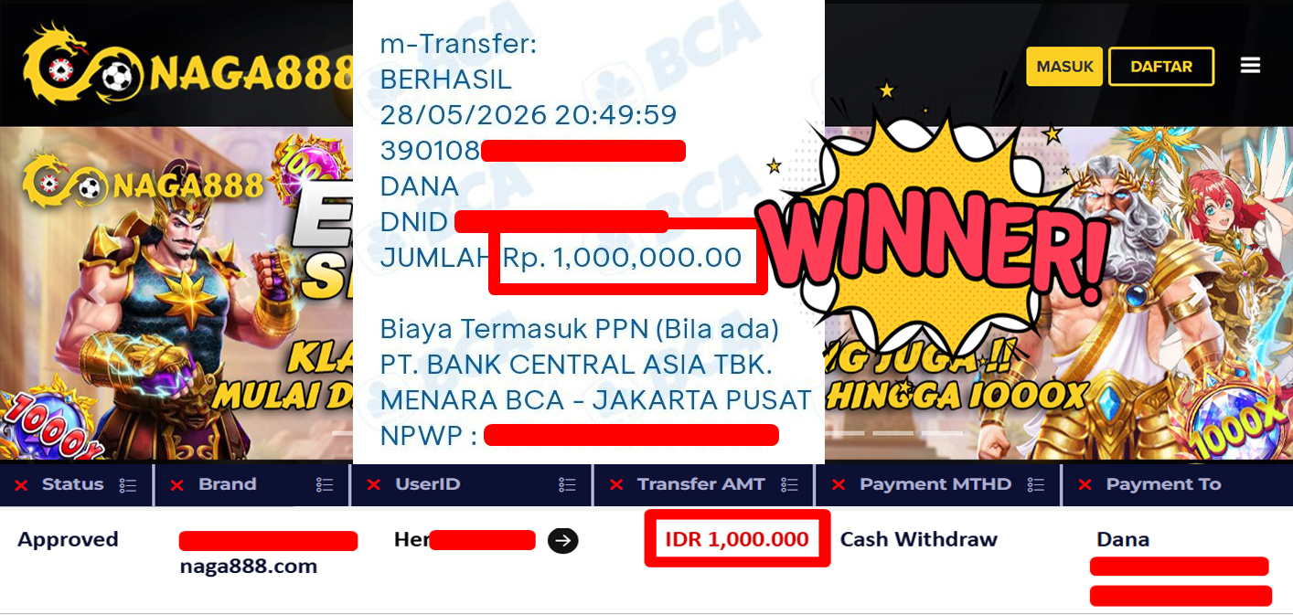 Bukti Kemenangan Withdraw IDR 1.000.000,- | NAGA888