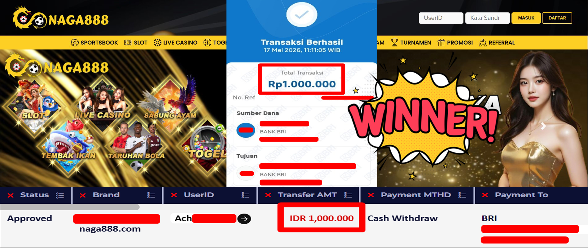 Bukti Kemenangan Withdraw IDR 1.000.000,- | NAGA888