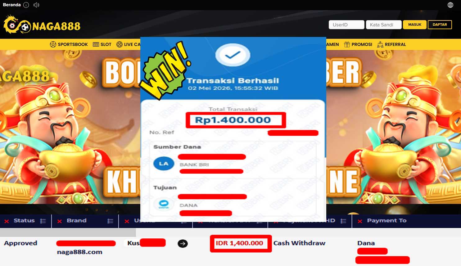 Bukti Kemenangan Withdraw IDR1,400,000- | NAGA888