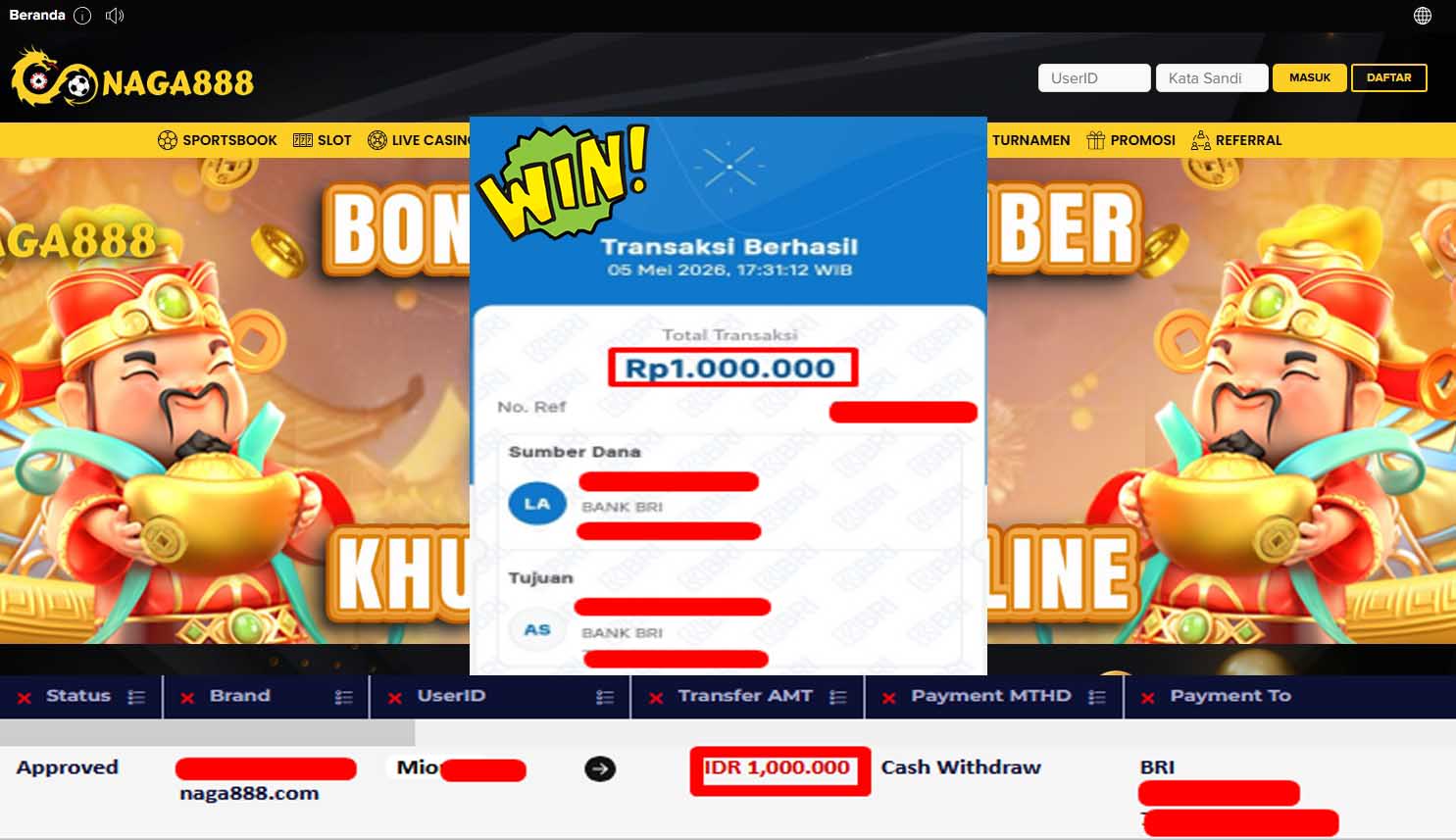 Bukti Kemenangan Withdraw IDR1,000,000- | NAGA888