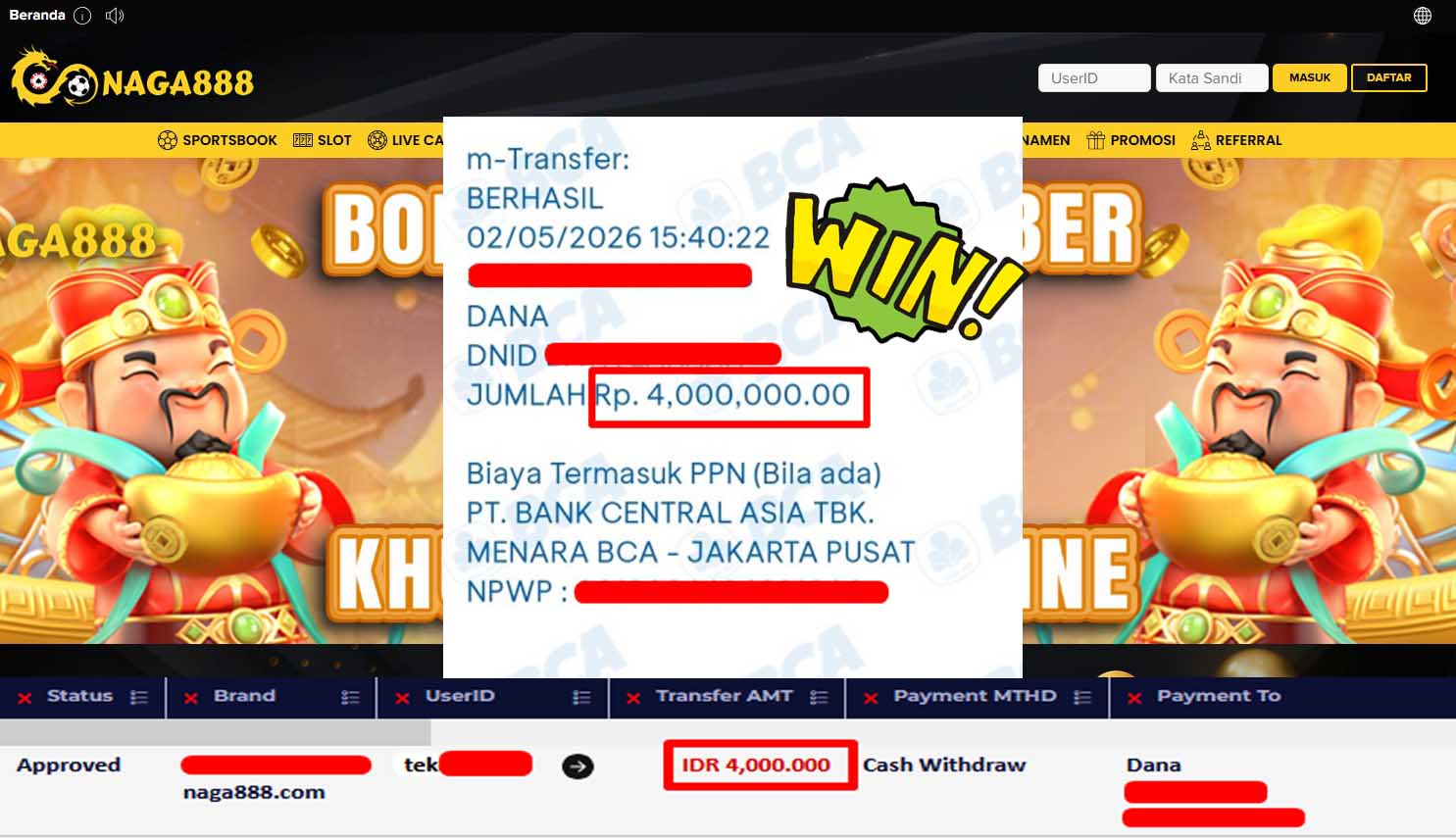 Bukti Kemenangan Withdraw IDR4,000,000- | NAGA888