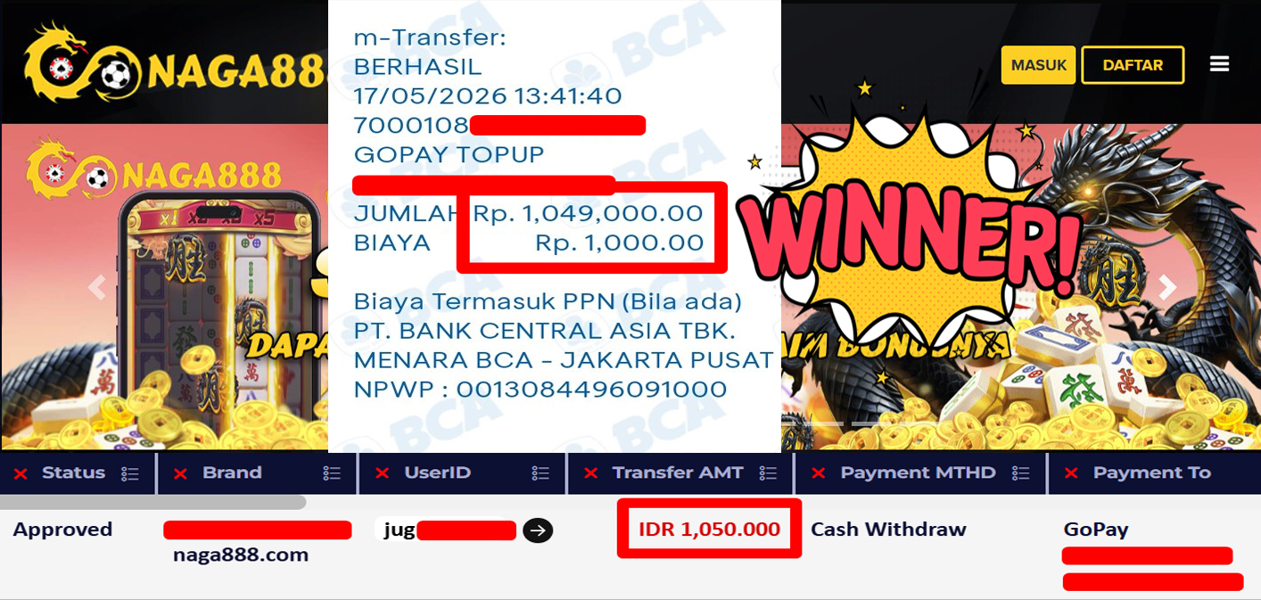 Bukti Kemenangan Withdraw IDR 1.050.000,- | NAGA888