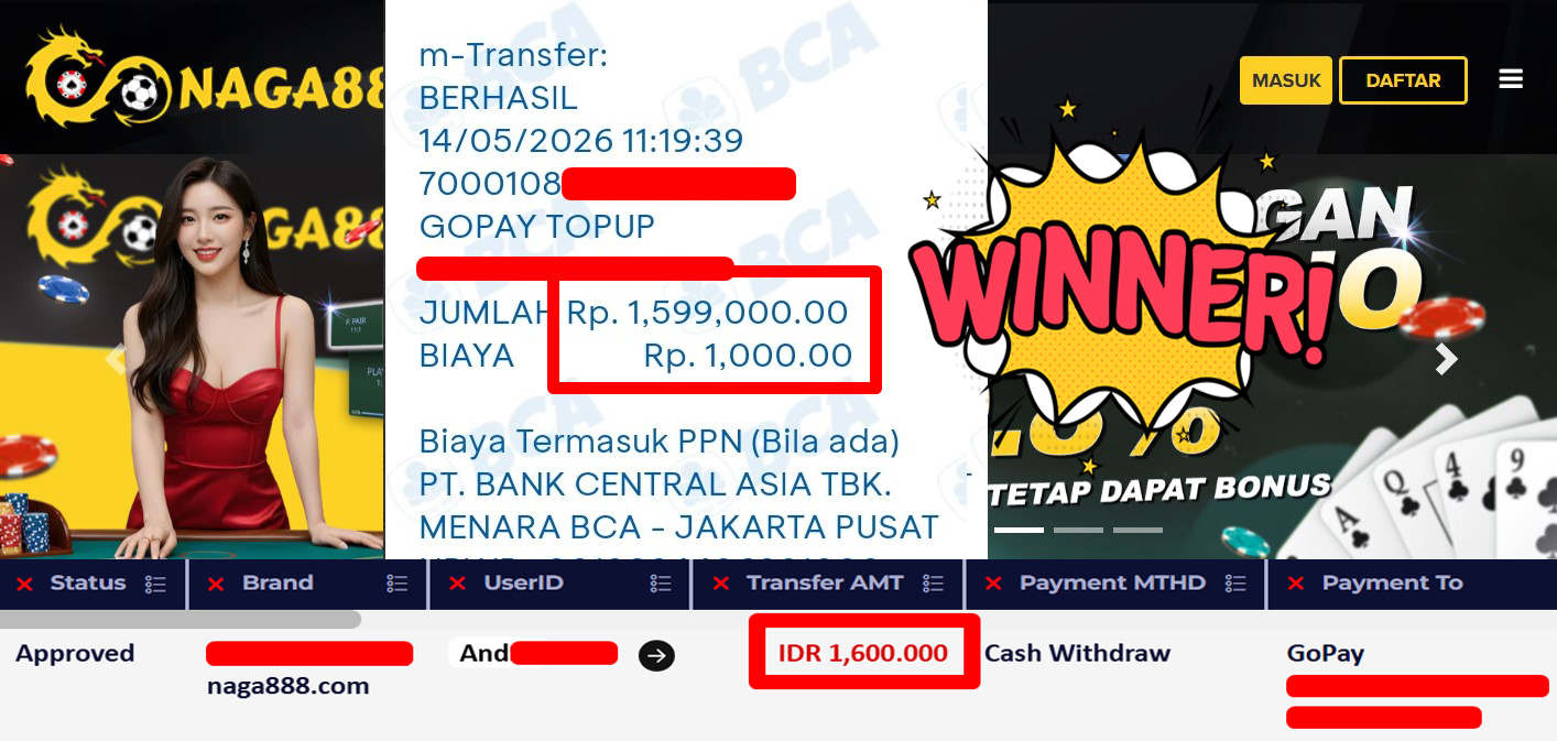 Bukti Kemenangan Withdraw IDR 1.600.000,- | NAGA888