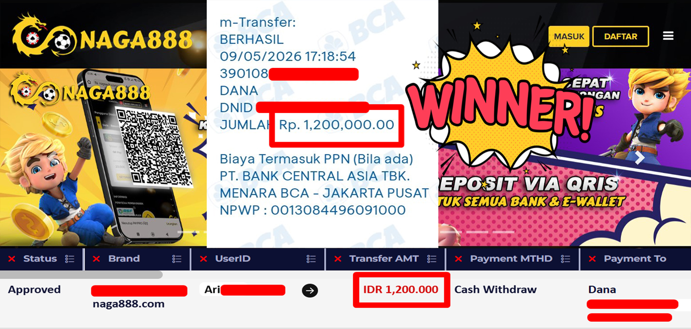 Bukti Kemenangan Withdraw IDR 1.200.000,- | NAGA888