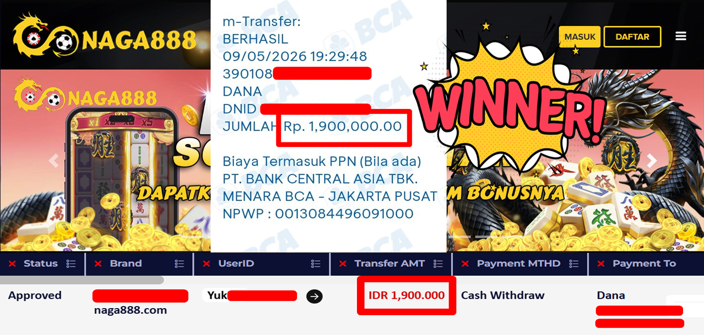 Bukti Kemenangan Withdraw IDR 1.900.000,- | NAGA888